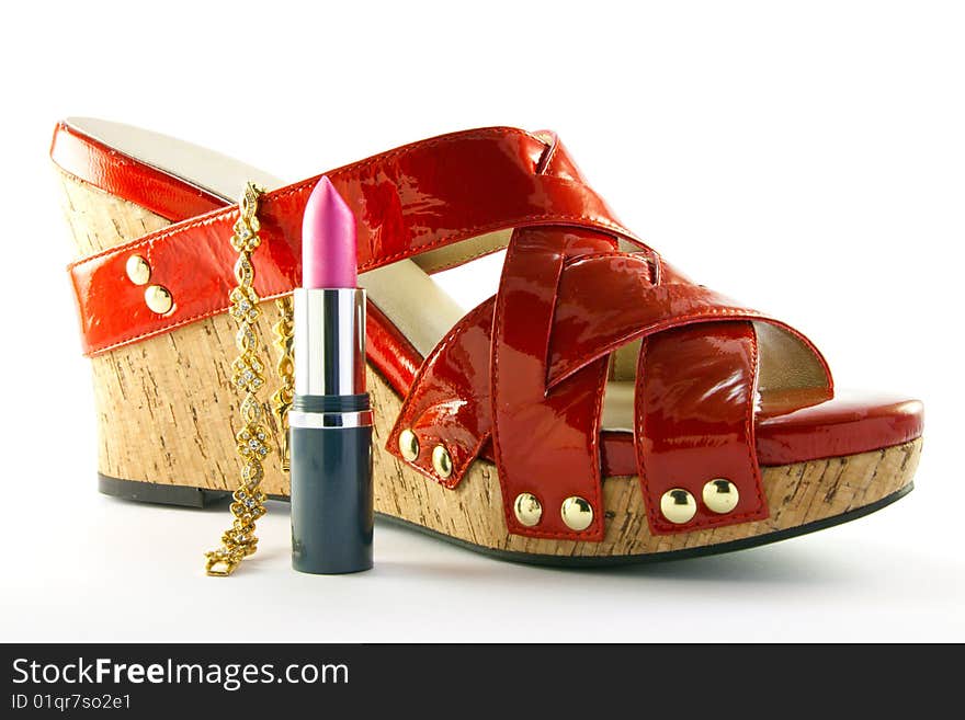 Red Shoe with Lipstick and Bracelet