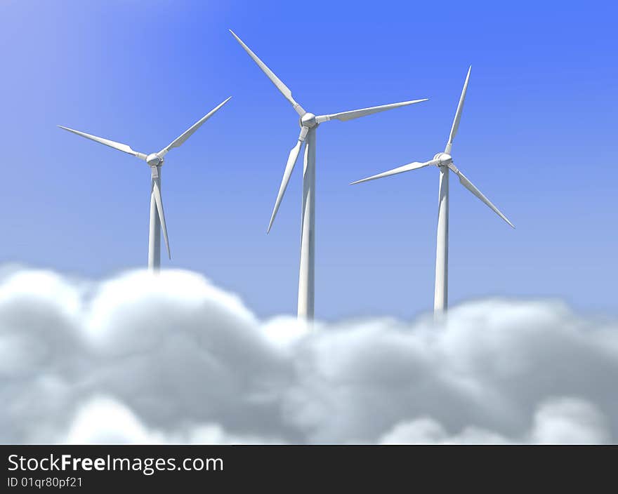 Three windmills in the blue sky and white clouds. Three windmills in the blue sky and white clouds