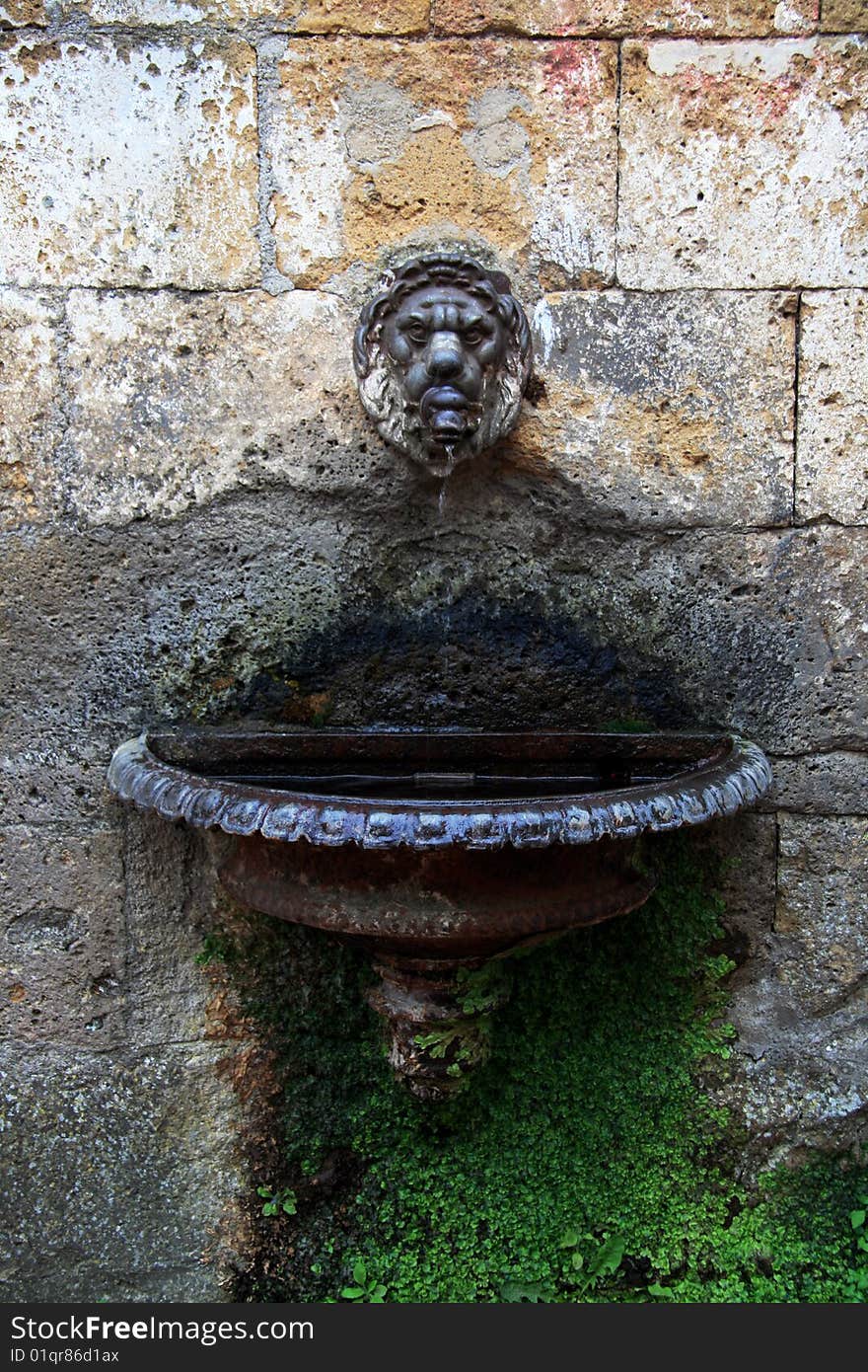 Wall fountain with antique iron lion. Wall fountain with antique iron lion