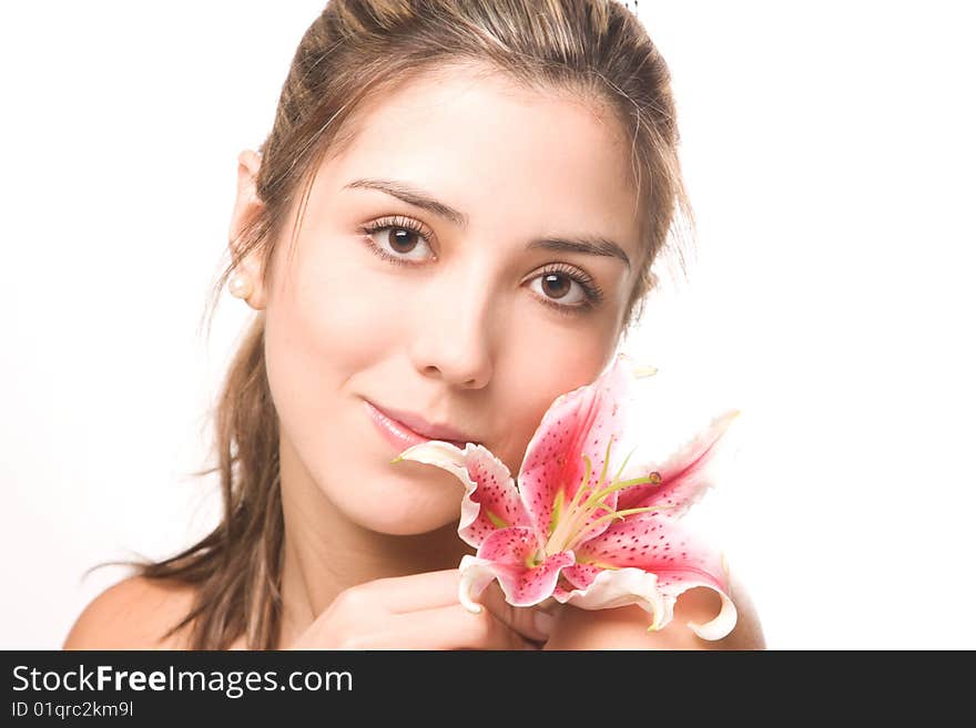 Beautiful woman with pink flower. Beautiful woman with pink flower