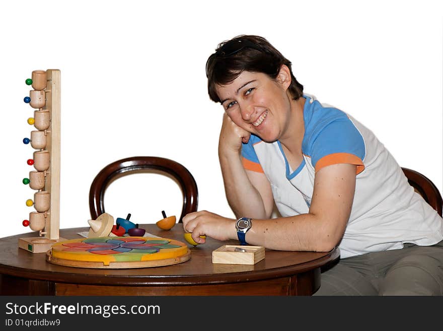 Smiling Woman Plays With Toys Isolated