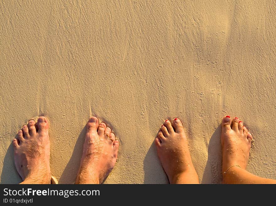 Tanned legs on sand beach in summer