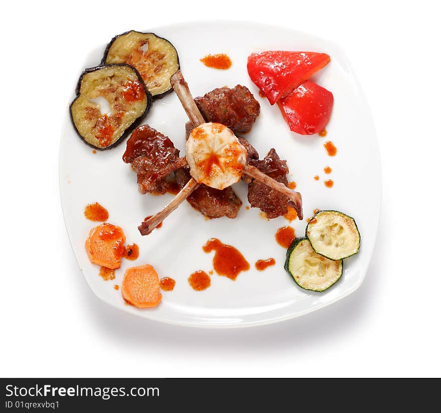 Bone lamb platter top view. Teppan-yaki dish