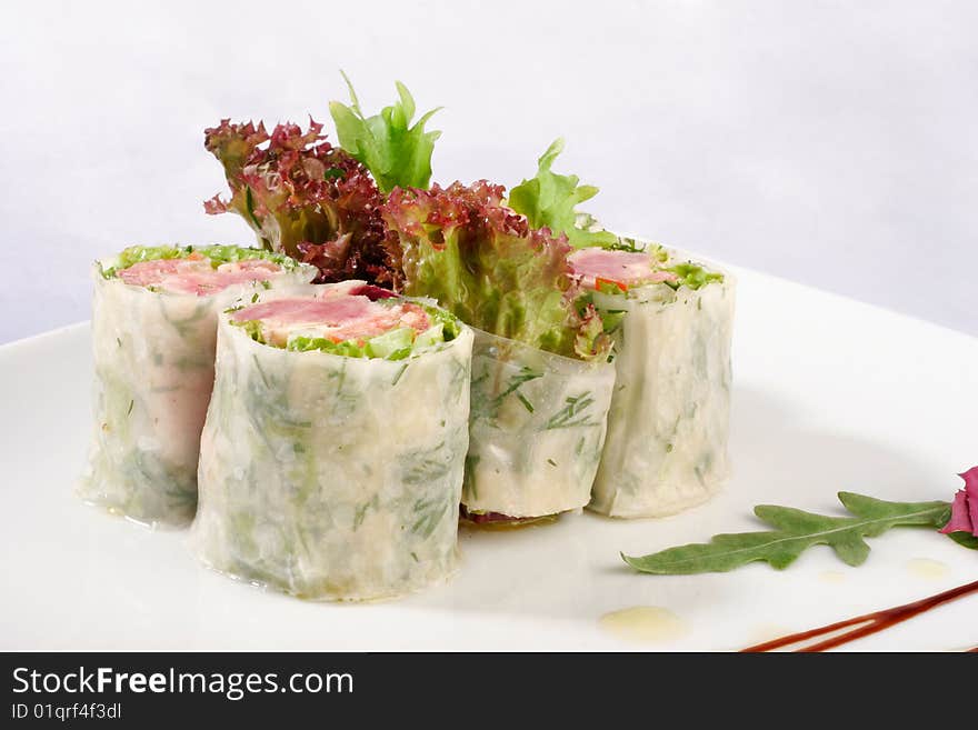 Image of sushi decorated with lettuce. Image of sushi decorated with lettuce