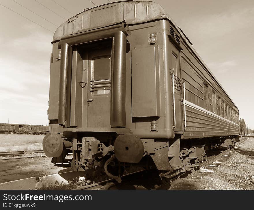 Classic USSR passenger wagon.
Build in 1975 year.
Black and white photo.
Ukraine.
May 2009.