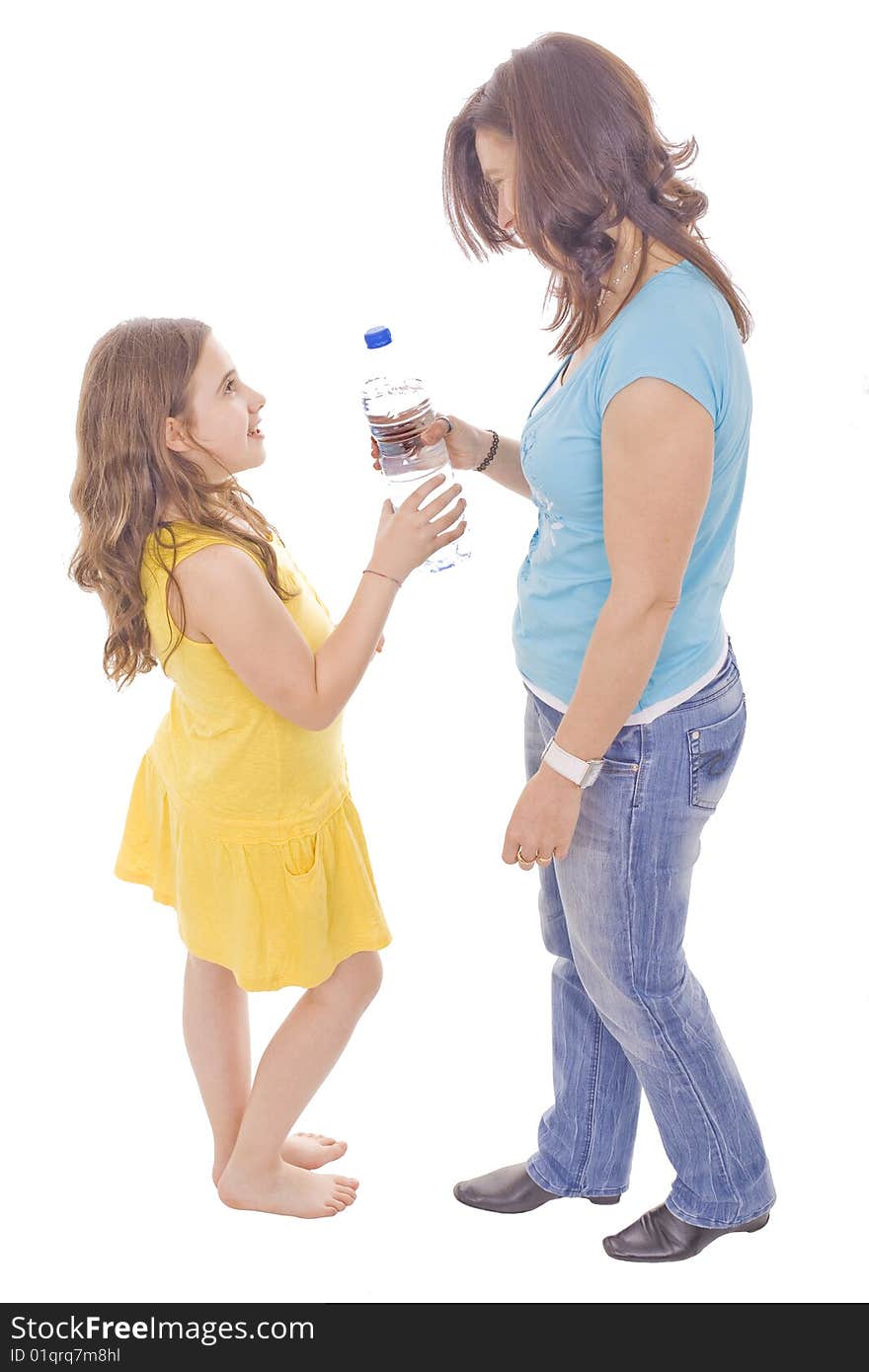 Mother and daughter drinking from a bottle