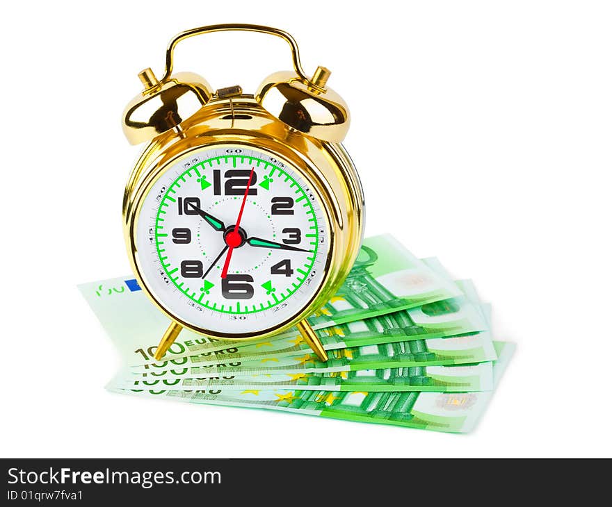 Alarm clock and money isolated on white background