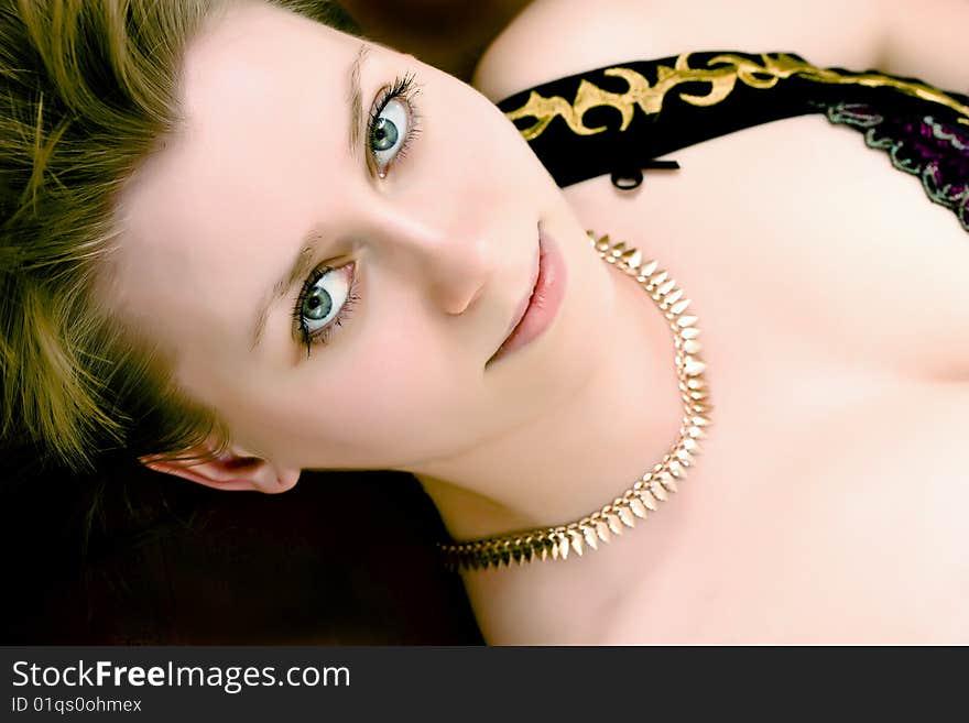 Beautiful girl. green eyes. gold necklace. Beautiful girl. green eyes. gold necklace