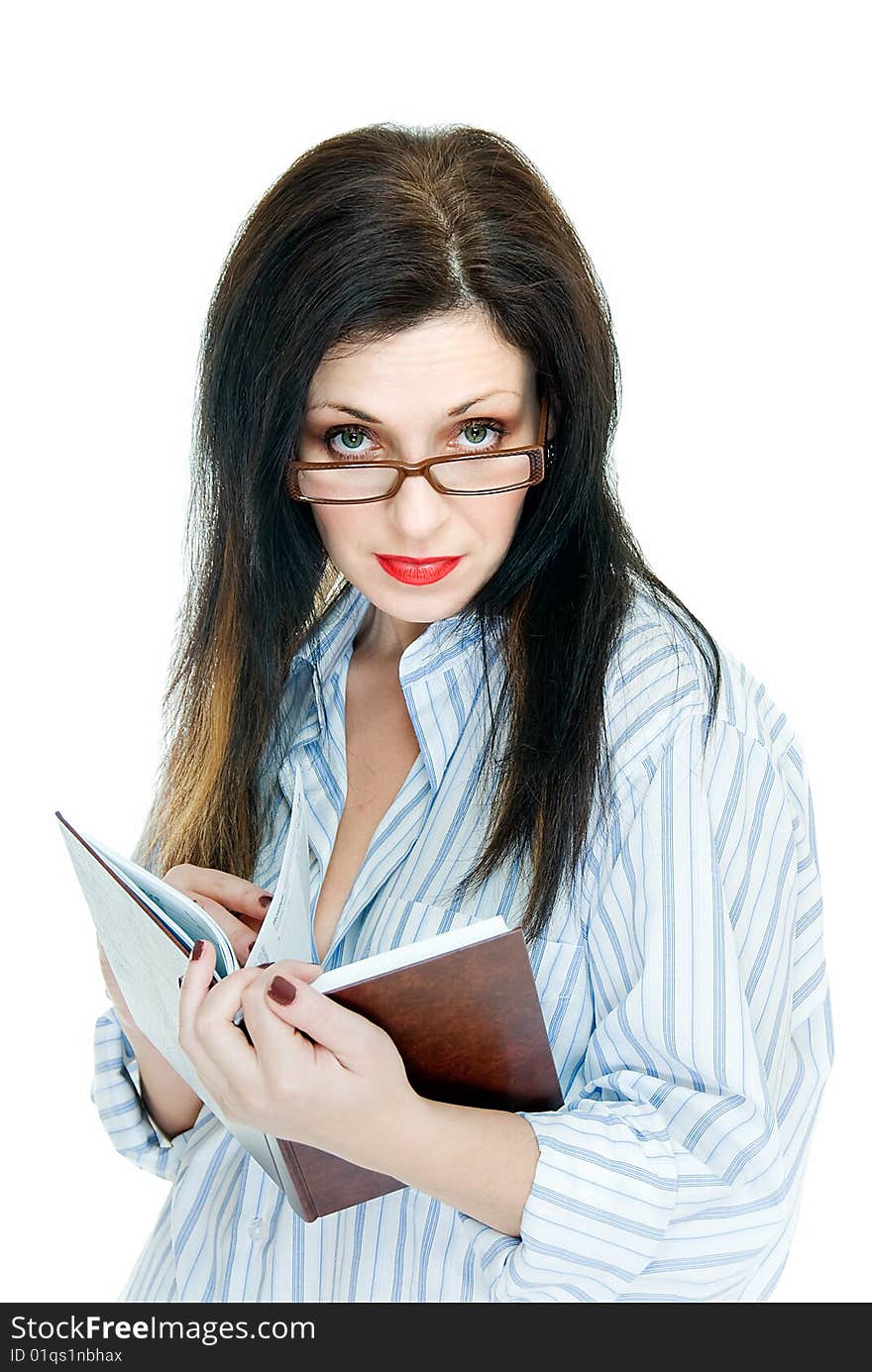 Young pretty woman in glasses with book on white. Young pretty woman in glasses with book on white