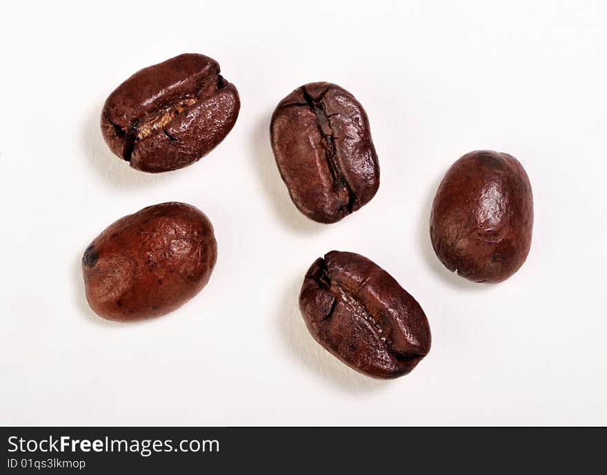 Close-up of five coffee beans on white background.