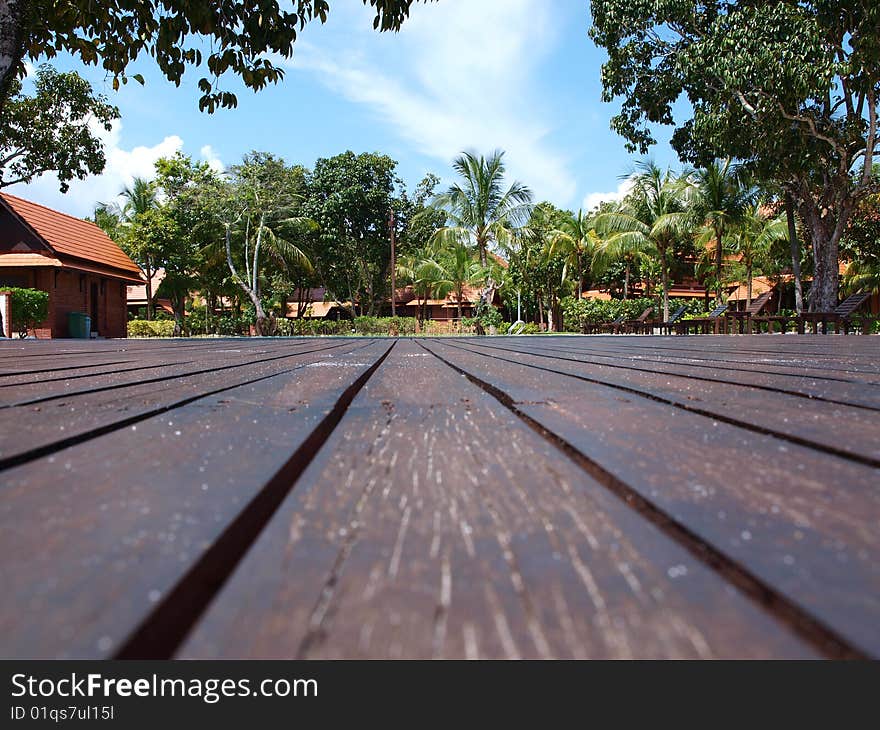 Brown colored hardwood outdoor plank flooring with greenery background. Brown colored hardwood outdoor plank flooring with greenery background