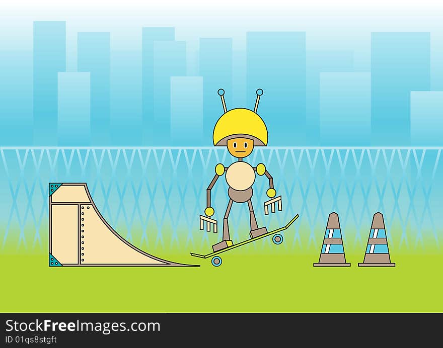 Vector illustration of comic robot with the skateboard on the urban background.