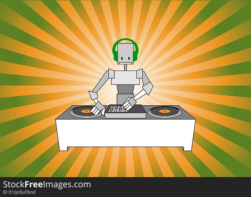 Vector illustration of dj robot on the beautiful, modern background.