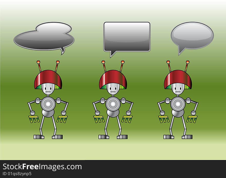 Vector Illustration of funny robots decorated with comics bubbles