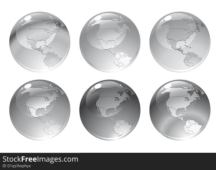 Vector Illustration of dray globe icons with different continents.