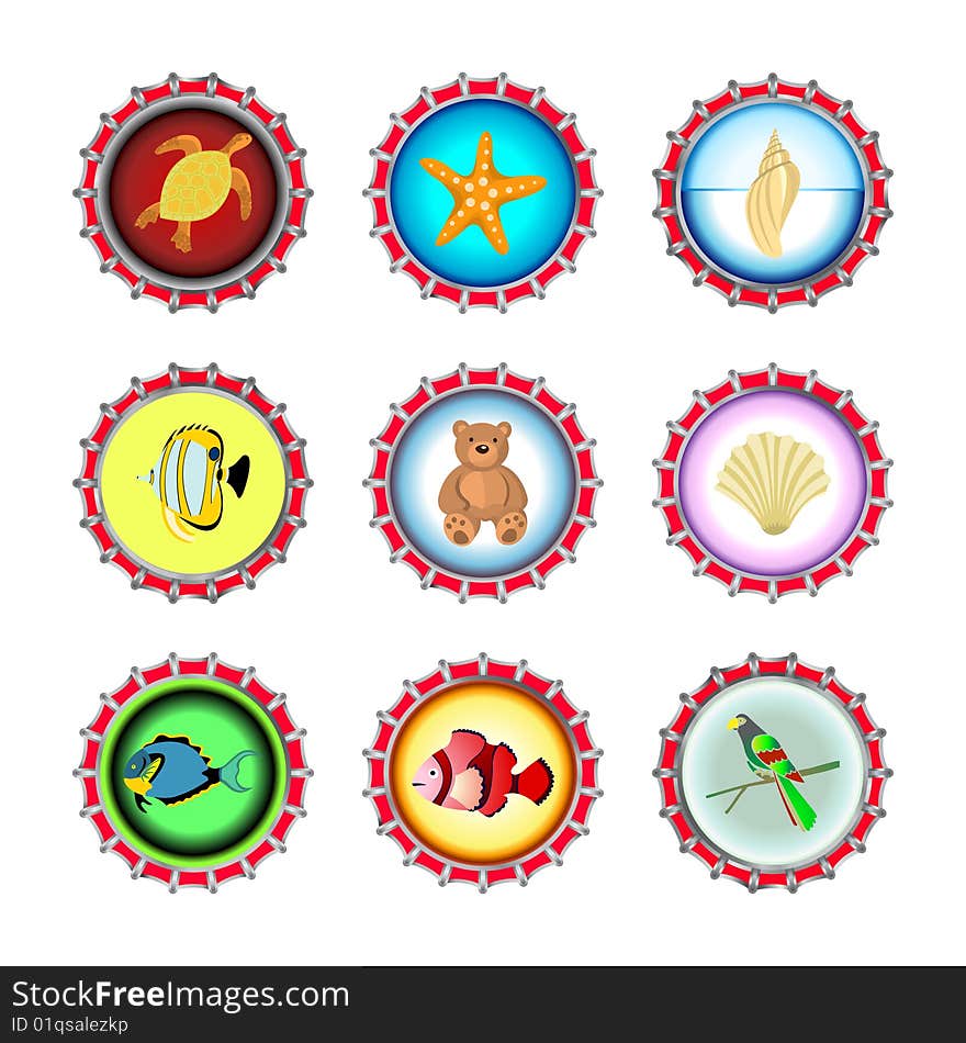 Vector illustration of bottle caps set, decorated with different objects. Vector illustration of bottle caps set, decorated with different objects.