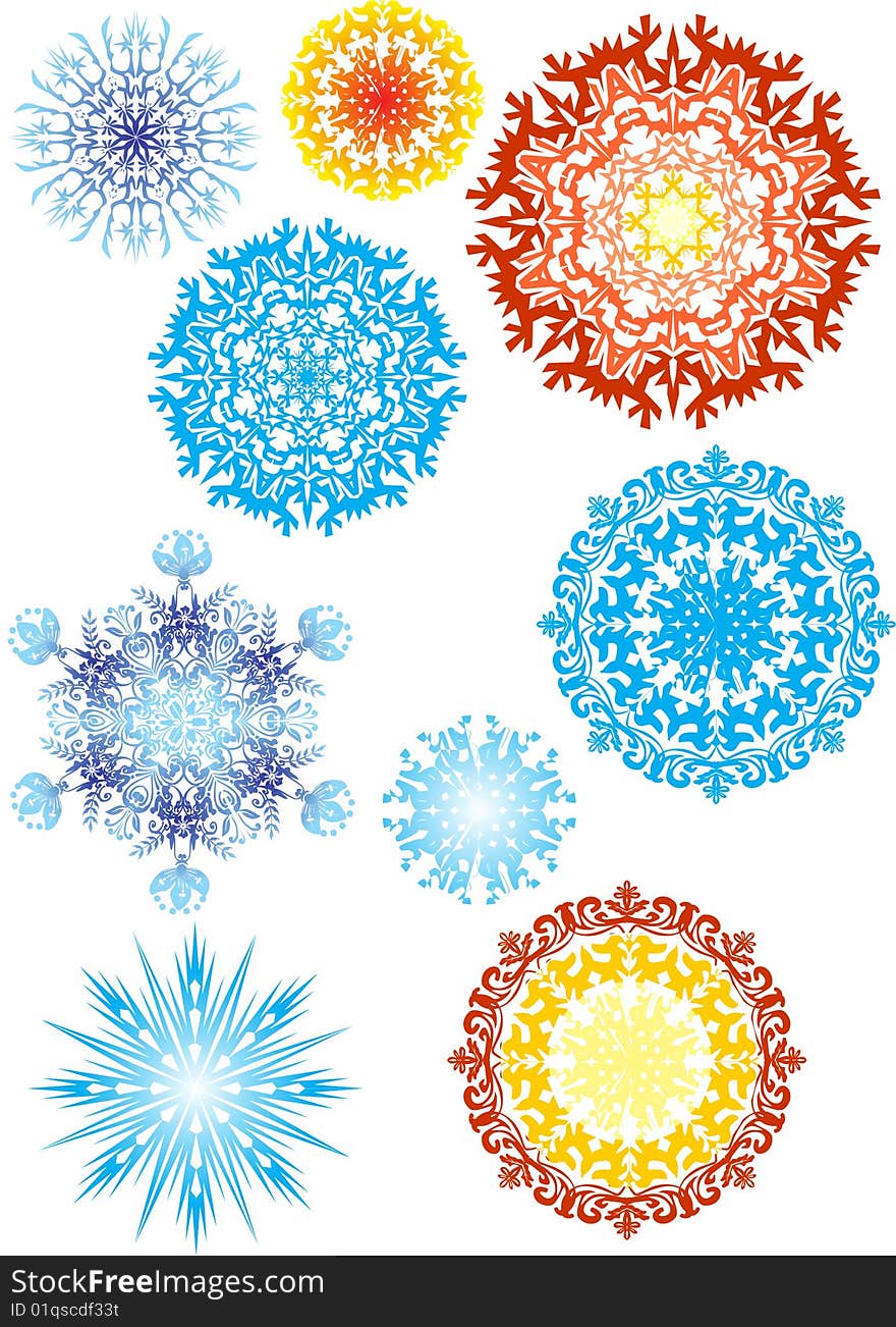 Color snowflakes collection on white background