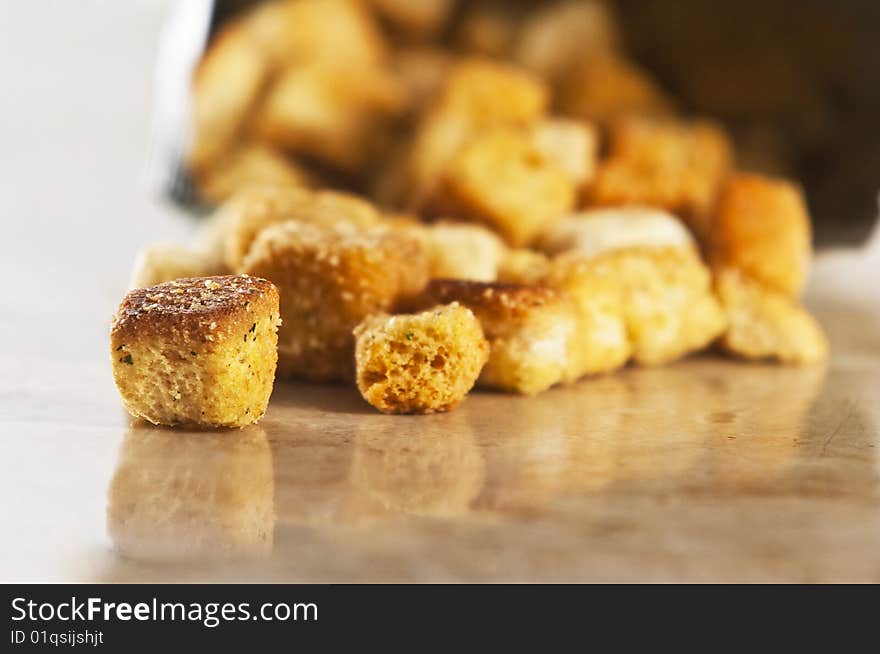 Store bought croutons on tabletop