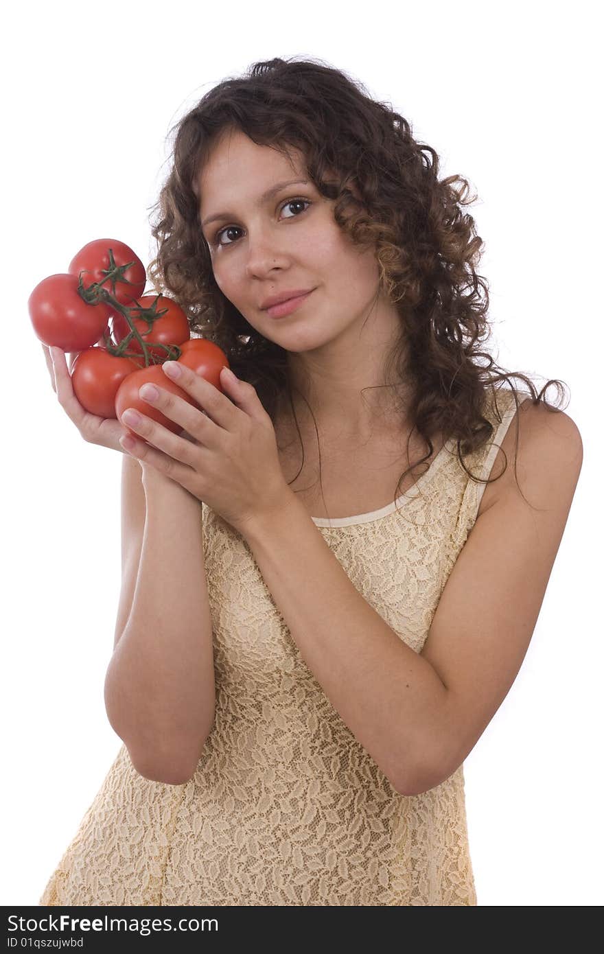 Pretty girl with  tomatoes isloated on white background. Beautiful young woman with fresh vegetables. Pretty girl with  tomatoes isloated on white background. Beautiful young woman with fresh vegetables.