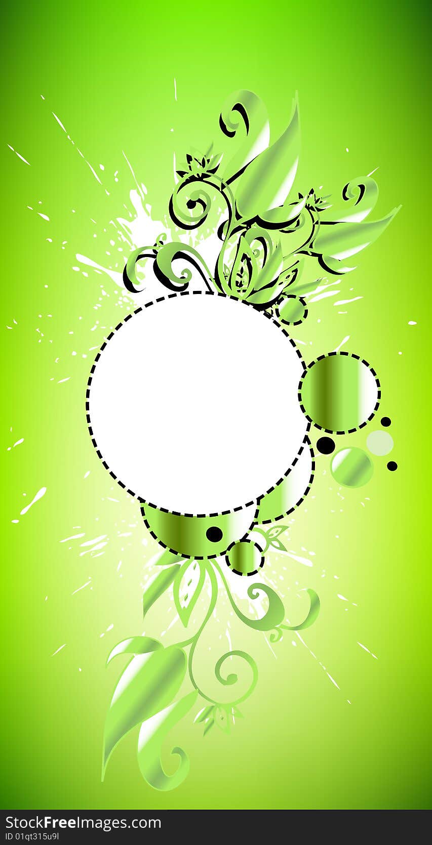 Floral retro graphic with swirls, circles and dots on green background. Space for text. Floral retro graphic with swirls, circles and dots on green background. Space for text