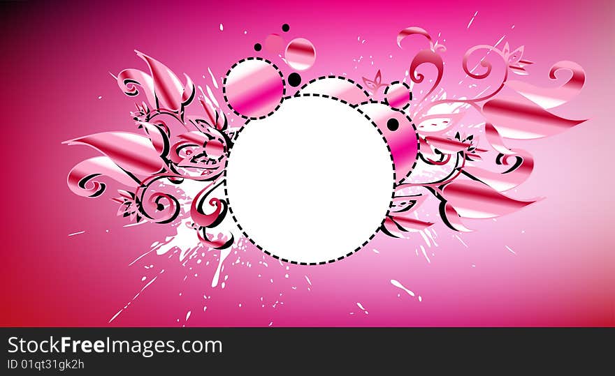 Floral retro graphic with swirls, circles and dots on pink background. Space for text. Floral retro graphic with swirls, circles and dots on pink background. Space for text