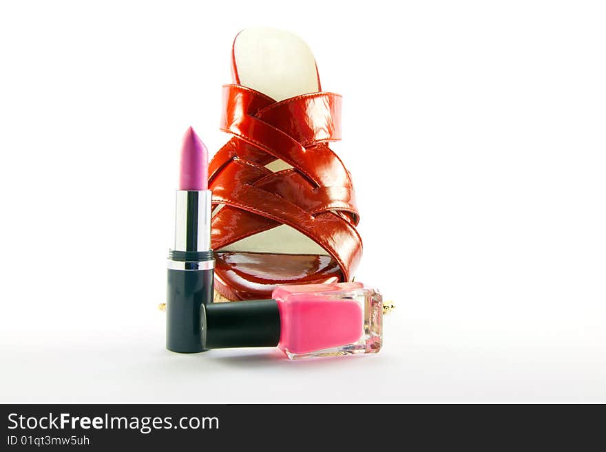 Red Shoe With Lipstick And Nail Polish