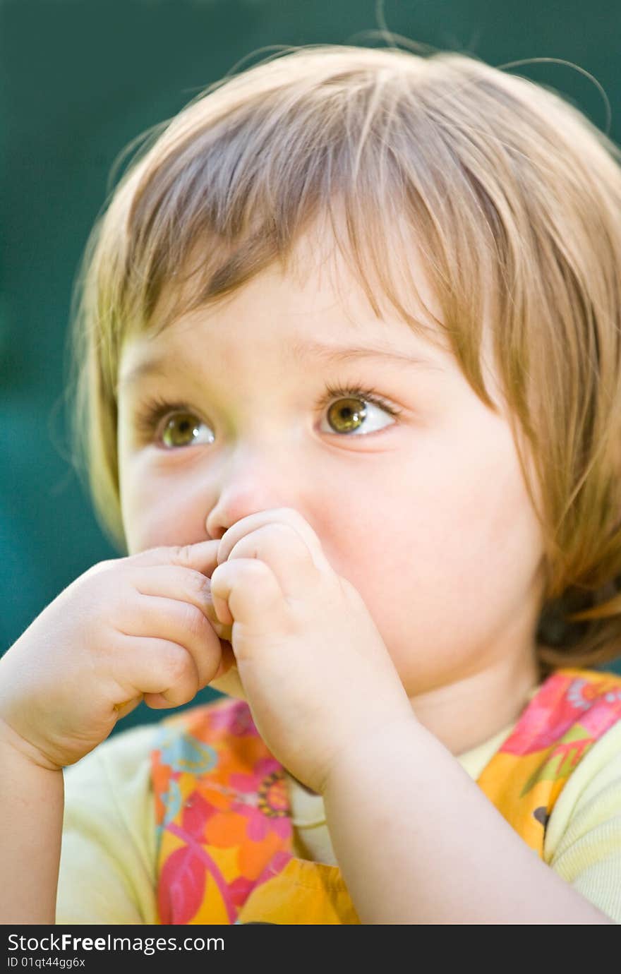 Toddler baby girl in garden. Toddler baby girl in garden