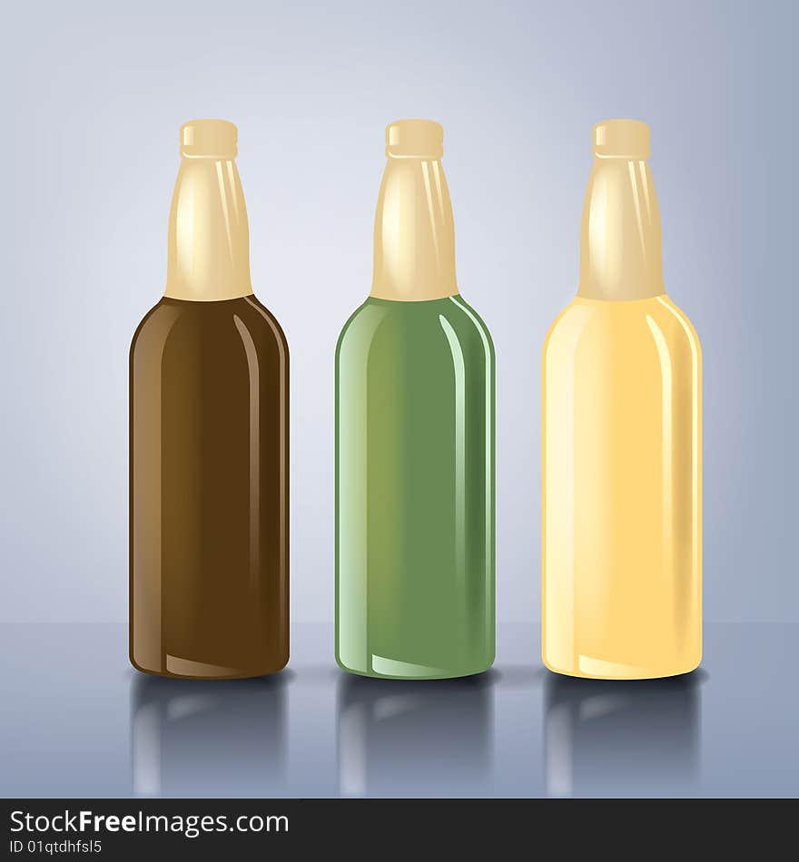 An illustration of three beer bottles with reflexions. An illustration of three beer bottles with reflexions