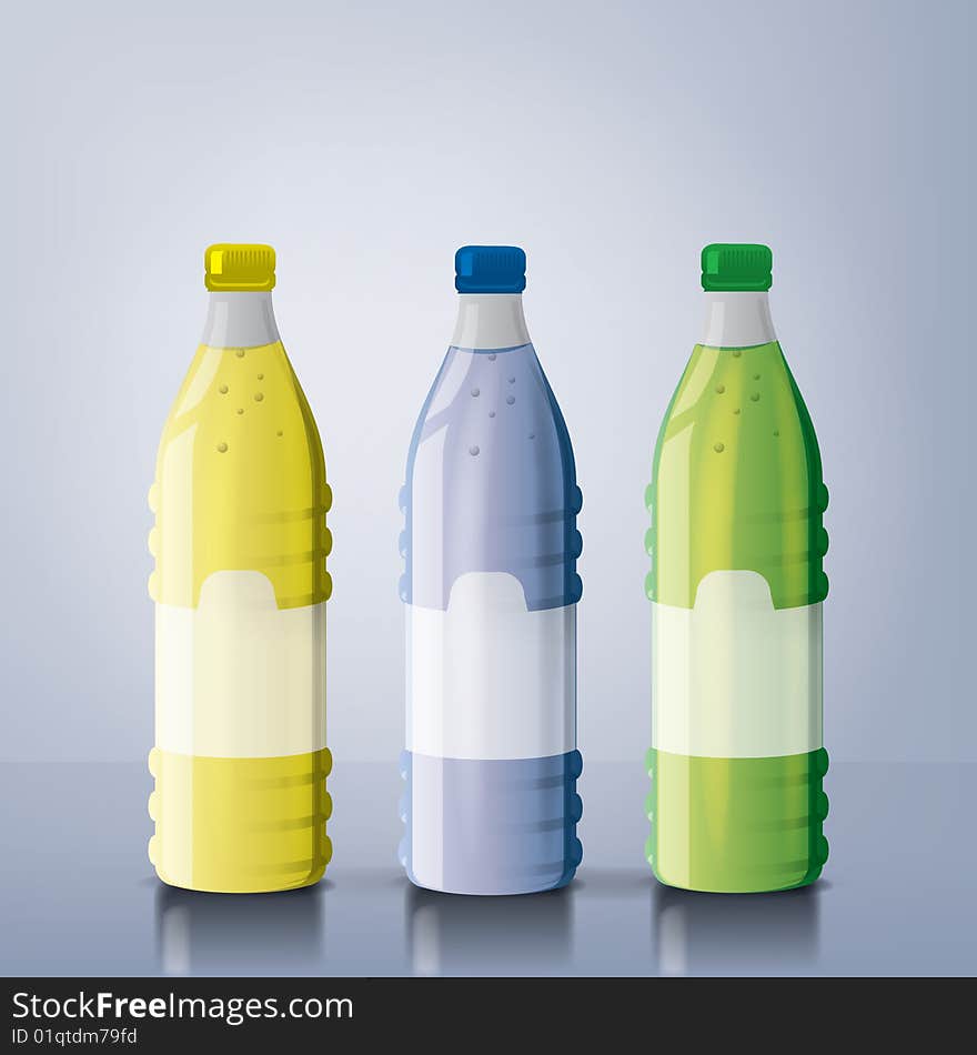 An illustration of three juice bottles with reflexions. An illustration of three juice bottles with reflexions