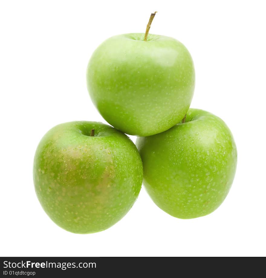 Close-up fresh apples with water drops isolated on white background. Close-up fresh apples with water drops isolated on white background