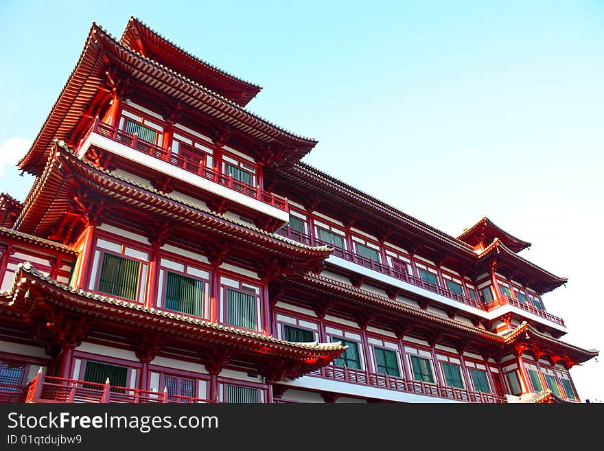 A ancient temple made out of wood under the blue skies