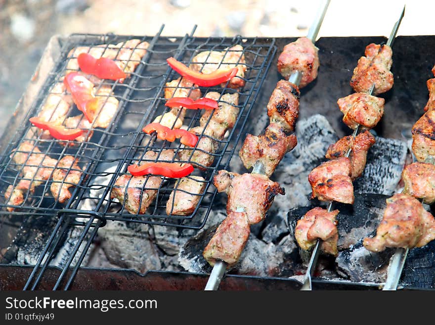 Shish kebab roasting on an open fire to background