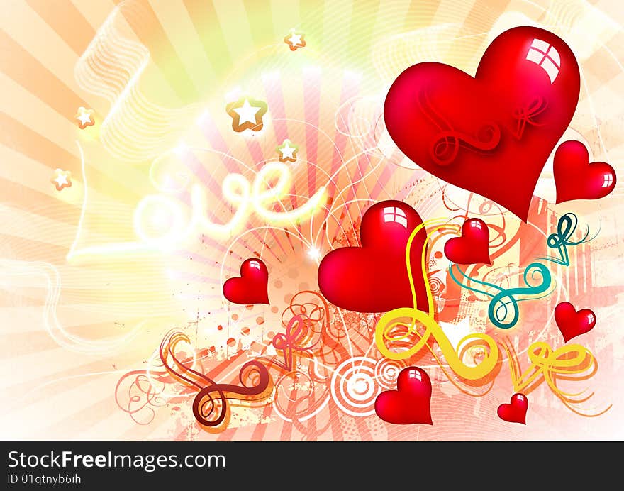 Love with stars lines and red hearts on abstract background