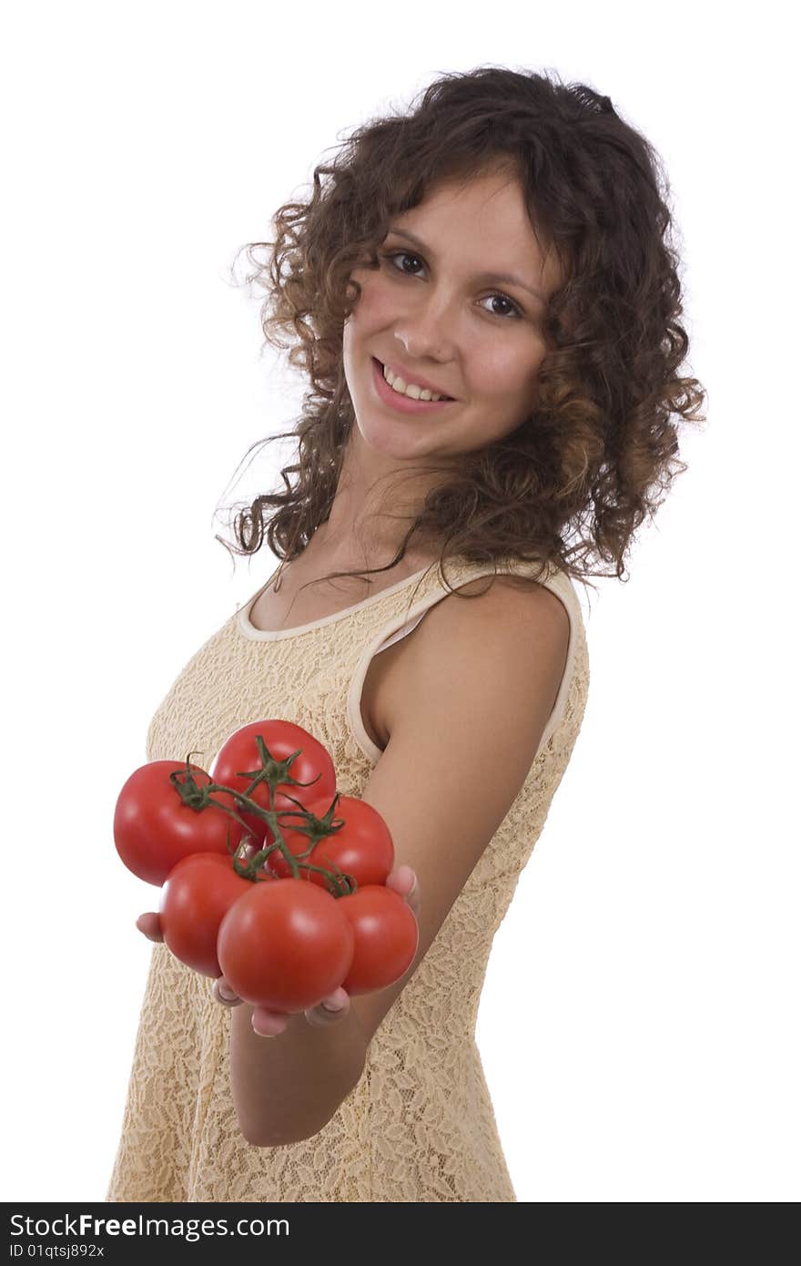 Pretty girl with  tomatoes isloated on white background. Beautiful young woman with fresh vegetables. Pretty girl with  tomatoes isloated on white background. Beautiful young woman with fresh vegetables.