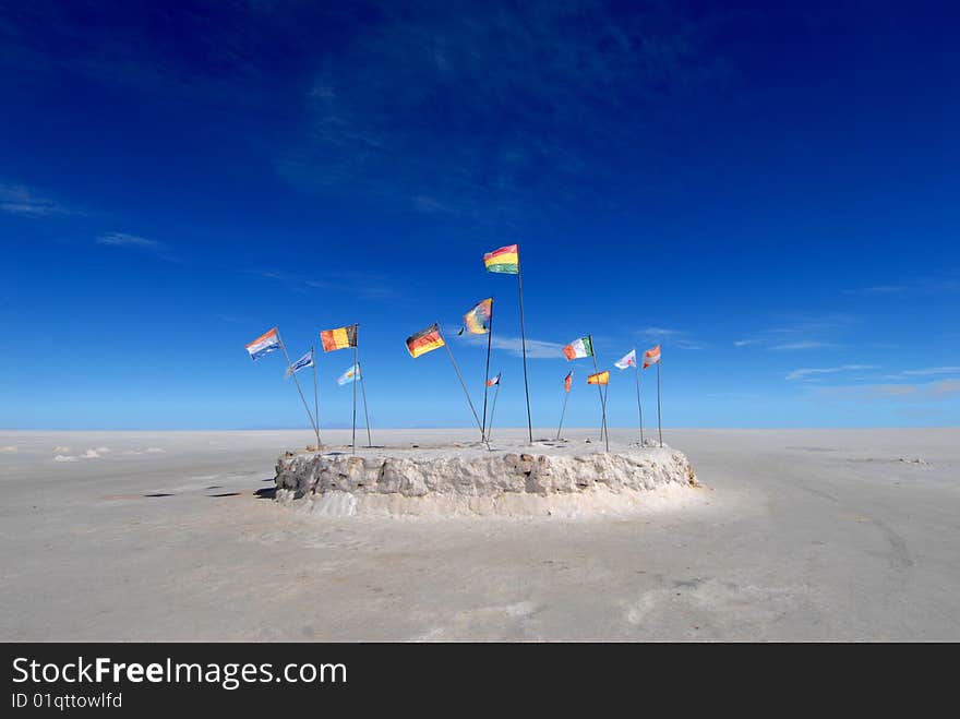 Bolivia, flags in a saline