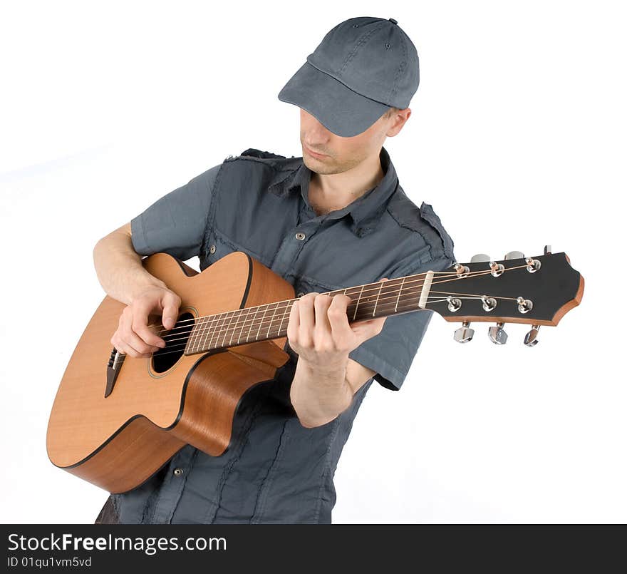 Man playing guitar isolated on white