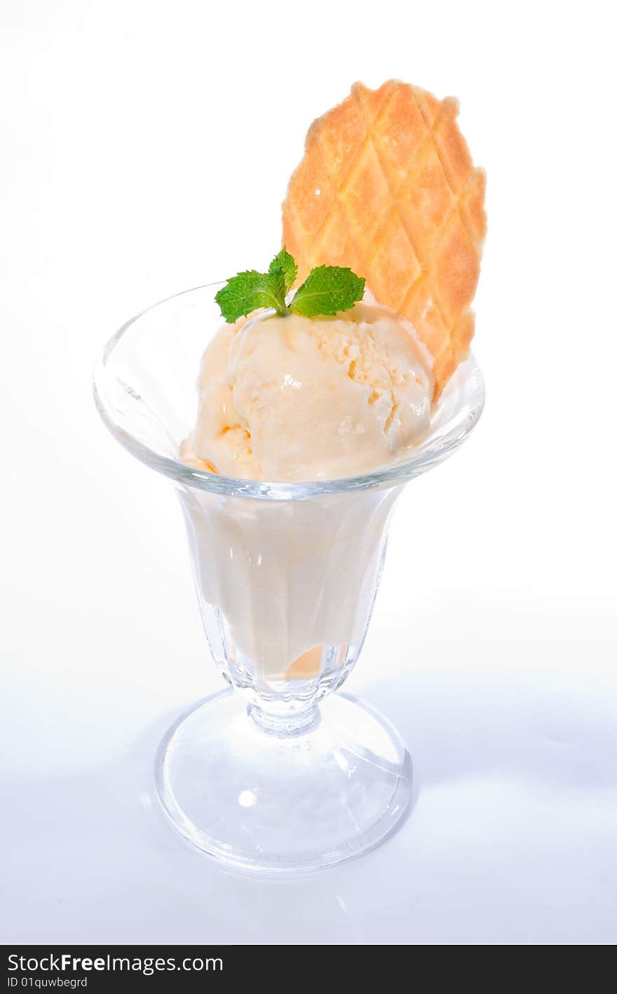 Vanilla ice cream in glass parfait cup. Hi-key photo with white background and only the contours of the cup visible. Vanilla ice cream in glass parfait cup. Hi-key photo with white background and only the contours of the cup visible.