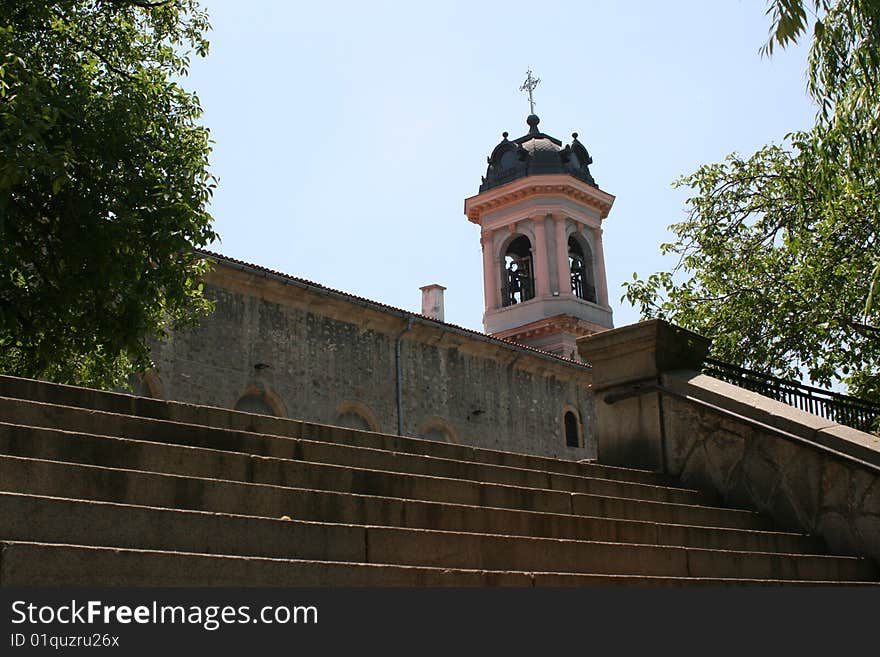 A christian church and stairs