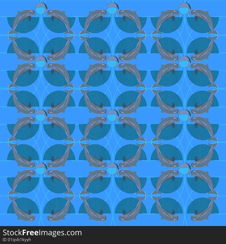 Dolphins with a ball on blue background. Dolphins with a ball on blue background