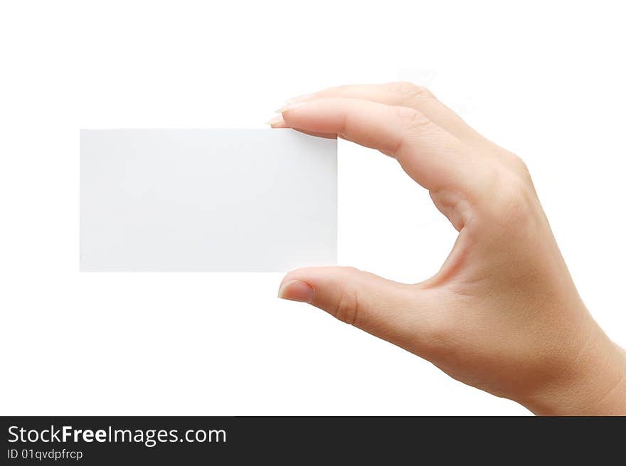 Paper card in woman hand isolated on white background