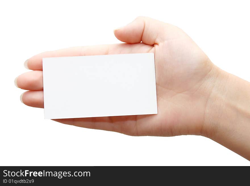 Paper card in woman hand isolated on white background. Paper card in woman hand isolated on white background