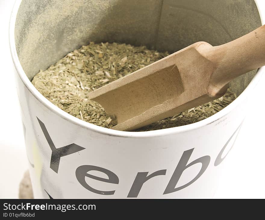 Dry Yerba Mate leaves on white background, traditional drink of Argentina.