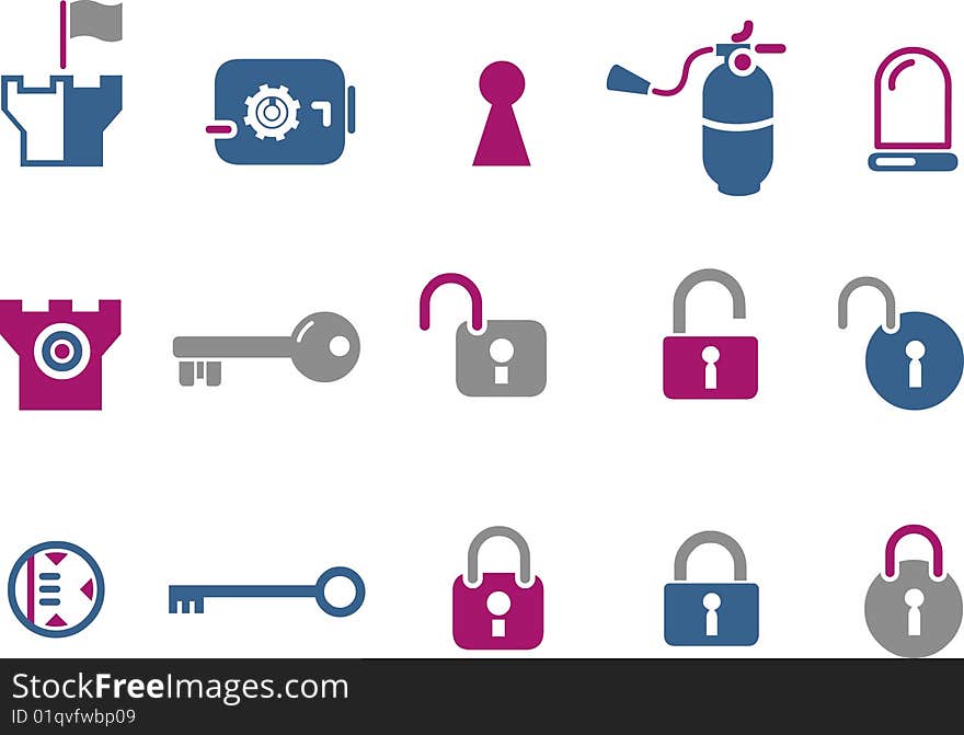 Vector icons pack - Blue-Fuchsia Series, security collection. Vector icons pack - Blue-Fuchsia Series, security collection