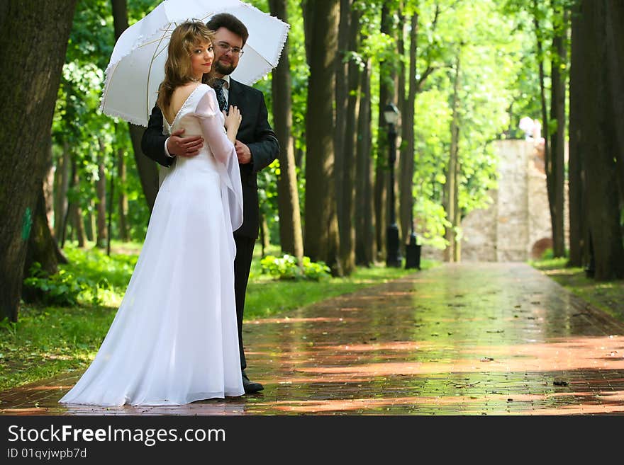 Just married under rain