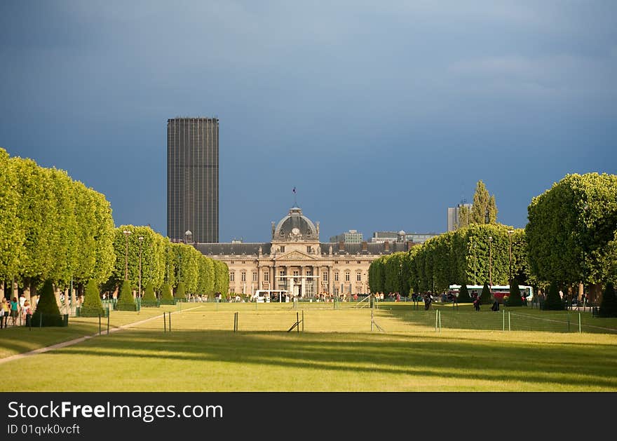 Military academy at Champ de Mars in Paris at dusk in summer. Military academy at Champ de Mars in Paris at dusk in summer