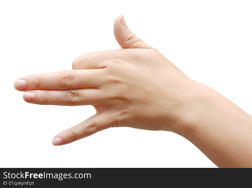 Hand showing symbol dog isolated white background. Hand showing symbol dog isolated white background