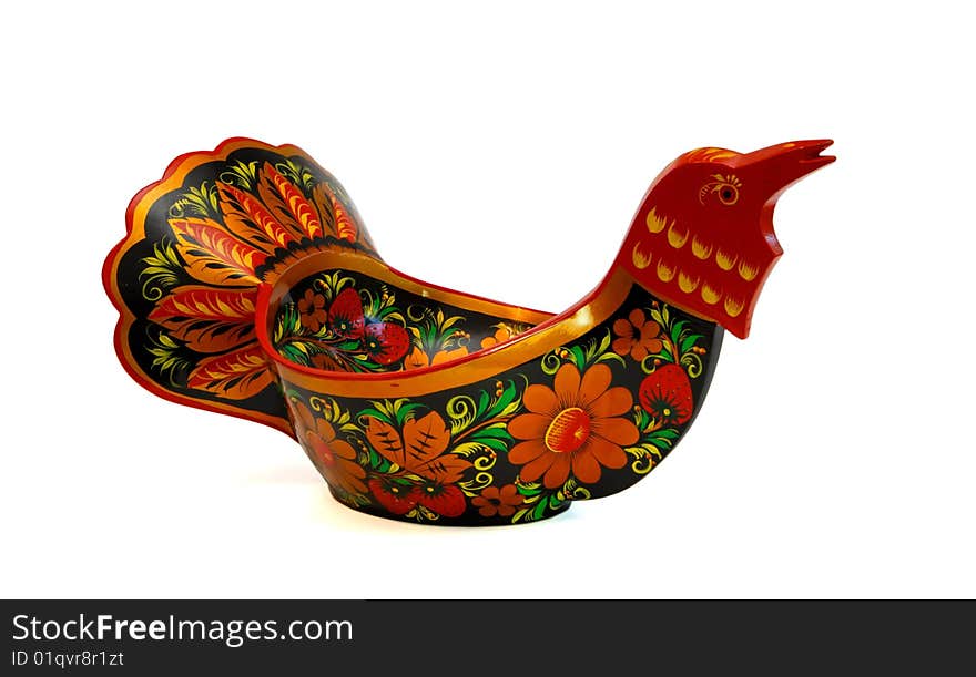 Russian wooden painted bowl in shape of wood-grouse bird isolated. Russian wooden painted bowl in shape of wood-grouse bird isolated