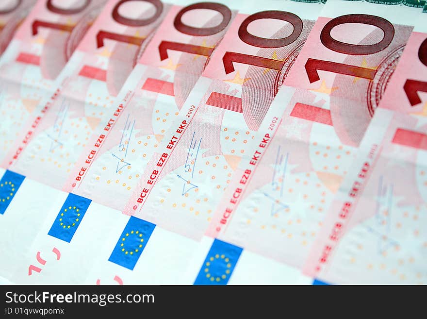 Euro background. Ten euros banknotes