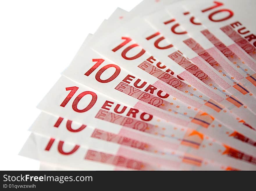 Isolated ten euro banknotes on white background. Isolated ten euro banknotes on white background