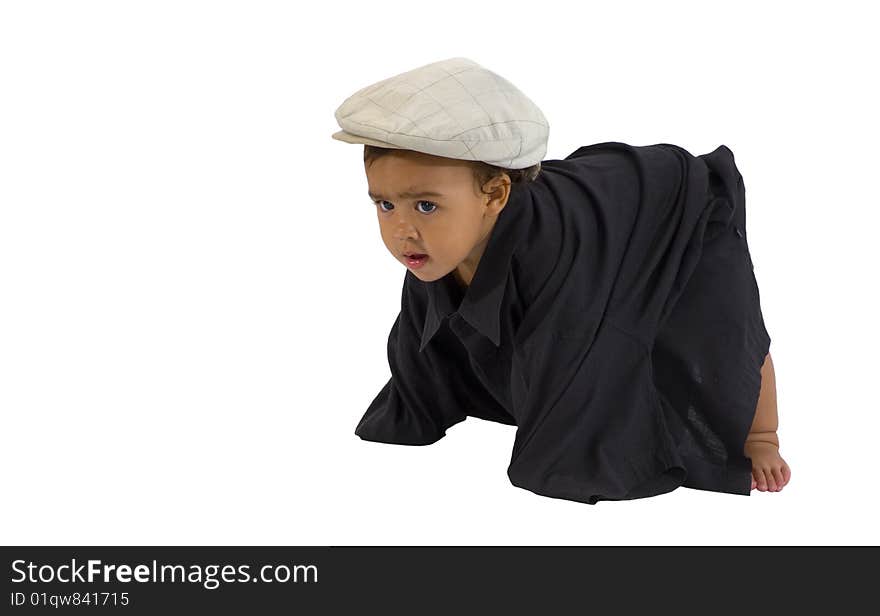 Baby girl with huge shirt and hat